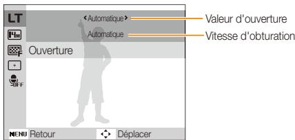 LT Automatique Ouverture Valeur d'ouverture Vitesse d'obturation REHU Retour Déplacer
