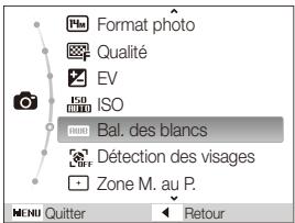 Format photo Qualité EV ISO Bal. des blancs Détection des visages Zone M. au P. MENU Quitter Retour