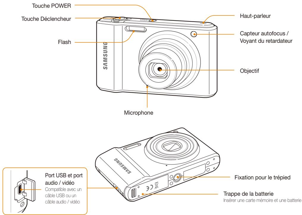 Touche POWER Touche Déclencheur Flash Haut-parleur Capteur autofocus / Voyant du retardateur Objectif Microphone SAMSUNG Port USB et port audio / vidéo Compatible avec un câble USB ou un câble audio / vidéo FIXATION pour le trépied Trappe de la batterie Insérer une carte mémoire et une batterie