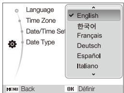 Language Time Zone Date/Time Set Date Type English 한국어 Français Deutsch Español Italiano MENU Back OK Définir