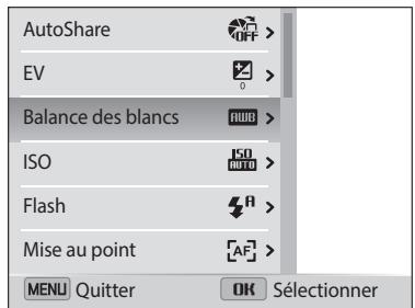 SAMSUNG ST73 - Exemple : sélection d'une option de balance des blancs en mode programme : - 2