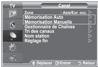 TV Canal Zone : Asie/Eur. occ. Mémorisation Auto Mémorisation Manuelle Gestionnaire de Chaînes Tri des canaux Nom station Réglage fin Déplacer Enter Retour