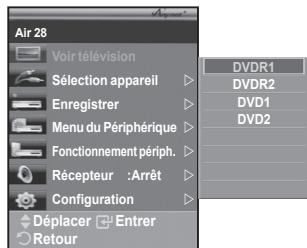 Air 28 Voir télévision Sélection appareil Enregistrer Menu du Périphérique Fonctionnement périph. Récepteur :Arrêt Configuration Déplacer Entrer Retour DVDR1 DVDR2 DVD1 DVD2