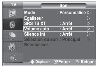 TV Son Mode : Personnalisé ▷ Egaliseur ▷ SRS TS XT : Arrêt ▷ Volume auto : Arrêt ▷ Silence Int : Arrêt ▷ Sélection du son : Principal ▷ Réinitialiser ▷ Déplacer □ Entrer ▽ Retour