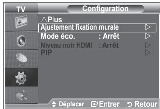 TV Configuration Plus Ajustement fixation murale Mode éco. : Arrêt Niveau noir HDMI : Arrêt PIP Déplacer Entrer Retour