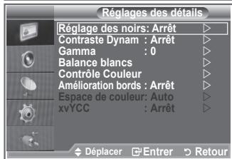 Réglages des détails Réglage des noirs: Arrêt Contraste Dynam : Arrêt Gamma : 0 Balance blancs Contrôle Couleur Amélioration bords : Arrêt Espace de couleur: Auto xvYCC : Arrêt Déplacer Entrer Retour