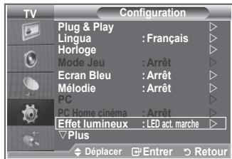 TV Configuration Plug & Play Lingua : Français Horloge Mode Jeu : Arrêt Ecran Bleu : Arrêt Mélodie : Arrêt PC PC Home cinéma : Arrêt Effet lumineux : LED act. marche Plus Déplacer Entrer Retour