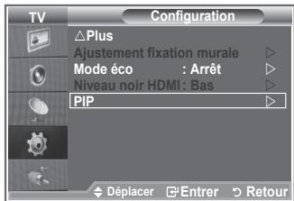 TV Configuration Plus Ajustement fixation murale Mode éco : Arrêt Niveau noir HDMI: Bas PIP Déplacer Entrer Retour