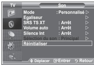 TV Son Mode : Personnalisé ▷ Egaliseur ▷ SRS TS XT : Arrêt ▷ Volume auto : Arrêt ▷ Silence Int : Arrêt ▷ Sélection du son : Principal ▷ Réinitialiser Déplacer Entrer Retour
