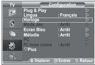 Configuration Plug & Play Lingua : Français Horloge Mode Jeu : Arrêt Ecran Bleu : Arrêt Mélodie : Arrêt PC PC Home cinéma : Arrêt Plus Déplacer Entrer Retour