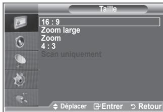 Taille 16 : 9 Zoom large Zoom 4 : 3 Scan uniquement Déplacer Entrer Retour