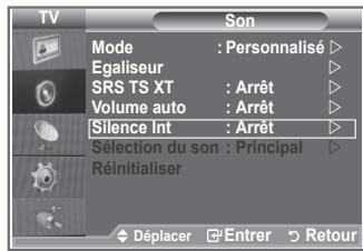 TV Son Mode : Personnalisé ▷ Egaliseur ▷ SRS TS XT : Arrêt ▷ Volume auto : Arrêt ▷ Silence Int : Arrêt ▷ Sélection du son : Principal ▷ Réinitialiser ▷ Déplacer □Entrer □Retour