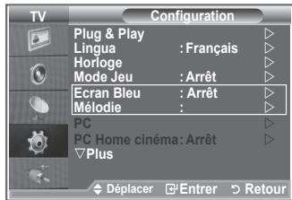 Configuration Plug & Play Lingua : Français Horloge Mode Jeu : Arrêt Ecran Bleu : Arrêt Mélodie : PC PC Home cinéma: Arrêt Plus Déplacer Entrer Retour