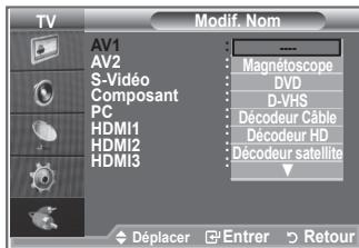 TV AV1 AV2 S-Video Composant PC HDMI1 HDMI2 HDMI3 Modif. Nom Magnetoscope DVD D-VHS Décodeur Câble Décodeur HD Décodeur satellite Déplacer Entrer Retour