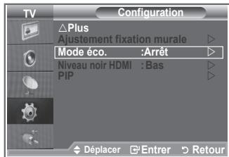 TV Configuration Plus Ajustement fixation murale Mode éco. :Arrêt Niveau noir HDMI :Bas PIP Déplacer Entrer Retour