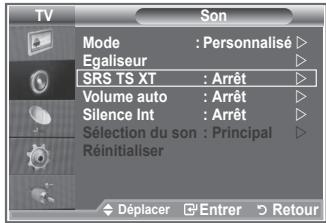 TV Son Mode : Personnalisé ▶ Egaliseur ▶ SRS TS XT : Arrêt ▶ Volume auto : Arrêt ▶ Silence Int : Arrêt ▶ Sélection du son : Principal ▶ Réinitialiser ▶ Déplacer ▶ Entrer ▶ Retour