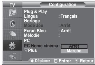 TV Configuration Plug & Play Lingua : Français Horloge Mode Jeu : Arrêt Ecran Bleu : Arrêt Mélodie : PC PC Home cinéma: Arrêt Plus Marche Déplacer Entrer Retour