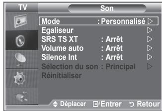 TV Son Mode : Personnalisé ▶ Egaliseur SRS TS XT : Arrêt ▶ Volume auto : Arrêt ▶ Silence Int : Arrêt ▶ Sélection du son : Principal ▶ Réinitialiser Déplacer Entrer Retour