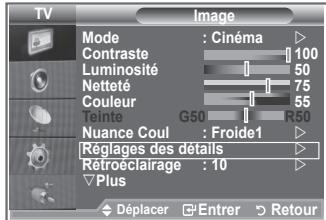 TV Mode : Cinéma Contraste 100 Luminosité 50 Netteté 75 Couleur 55 Teinte G50 R50 Nuance Coul : Froide1 Réglages des détails Rétroéclairage : 10 Plus Déplacer Entrer Retour