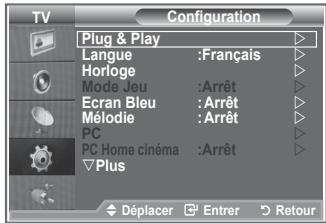 Configuration Plug & Play Langue :Français Horloge Mode Jeu :Arrêt Ecran Bleu : Arrêt Mélodie : Arrêt PC PC Home cinéma : Arrêt Plus Déplacer Enter Retour