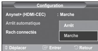 Configuration Anynet+ (HDMI-CEC) : Marche Arrêt automatique Arrêt Rech connectés Marche Déplacer Entrer Retour