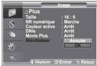 Image △Plus Taille : 16 : 9 NR numérique : Marche Couleur active : Arrêt DNle : Arrêt Movie Plus : Arrêt Réinitialiser : Annuler OK Déplacer Entrer Retour