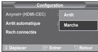 Configuration Anynet+ (HDMI-CEC) : Arrêt Arrêt automatique : Marche Rech connectés Déplacer Entrer Retour