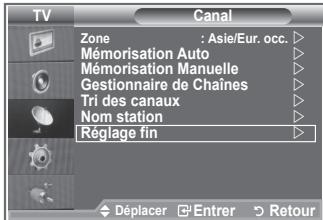 TV Canal Zone : Asie/Eur. occ. Mémorisation Auto Mémorisation Manuelle Gestionnaire de Chaines Tri des canaux Nom station Réglage fin Déplacer Enterr Retour