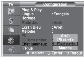 TV Configuration Plug & Play Lingua : Français Horloge Mode Jeu : Arrêt Ecran Bleu : Arrêt Mélodie : PC PC Home cinéma : Arrêt Effet lumineux : LED act. veille Plus : LED act. marche Marche Déplacer Entrer Retour
