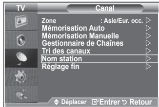 TV Canal Zone : Asie/Eur. occ. Mémorisation Auto Mémorisation Manuelle Gestionnaire de Chaines Tri des canaux Nom station Réglage fin Déplacer Entrer Retour