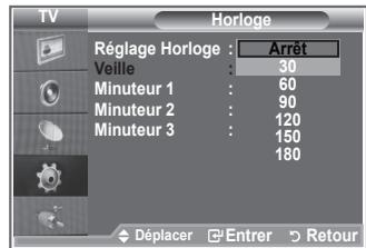 TV Horloge Réglage Horloge : Arrêt Veille : 30 Minuteur 1 : 60 Minuteur 2 : 90 Minuteur 3 : 120 Minuteur 3 : 150 180 Déplacer Entrer Retour