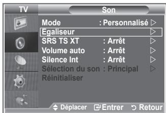 TV Son Mode : Personnalisé ▶ Egaliseur ▶ SRS TS XT : Arrêt ▶ Volume auto : Arrêt ▶ Silence Int : Arrêt ▶ Sélection du son : Principal ▶ Réinitialiser ▶ Déplacer □ Entrer ▽ Retour