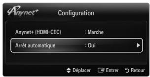 Anynet+ Configuration Anynet+ (HDMI-CEC) : Marche Arrêt automatique : Oui Déplacer Entrer Retour