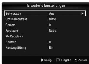Erweiterte Einstellungen Schwarzton : Aus Optimalkontrast : Mittel Gamma : 0 Farbraum : Nativ Weißabgleich Hautton : 0 Kantenglättung : Ein Navig. Eingabe Zurück