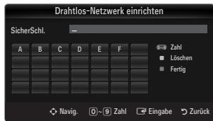 Drahtlos-Netzwerk einrichten SicherSchl. A B C D E F ● Zahl ■ Löschen ■ Fertig Navig. ○~○ Zahl Eingabe Zurück