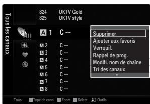 Tous des canaux 824 825 UKTV Gold UKTV style Supprimer Ajouter aux favors Verrouil. Rappel de prog. Modifi. nom de chaîne Tri des canaux A 1 C -- 2 C-- 3 C-- 4 C-- 5 C-- 6 C-- 7 C-- 8 C-- Tous Type de canal Zoom Select Outils