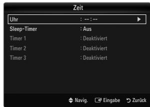 Zeit Uhr : --: -- Sleep-Timer : Aus Timer 1 : Deaktiviert Timer 2 : Deaktiviert Timer 3 : Deaktiviert Navig. Eingabe Zurück