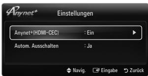 Anynet+ Einstellungen Anynet+(HDMI-CEC) : Ein Autom. Ausschalten : Ja Navig. Eingabe Zurück