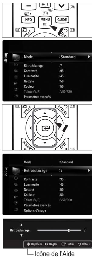 Mode : Standard Rétroéclairage : 7 Contraste : 95 Luminosité : 45 Netteté : 50 Couleur : 50 Teinte (V/R) : V50/R50 Paramètres avancés TOOLS RETURN INTERTOUT Mode : Standard Rétroéclairage : 7 Contraste : 95 Luminosité : 45 Netteté : 50 Couleur : 50 Teinte (V/R) : V50/R50 Paramètres avancés Options d'image Rétroéclairage 7 Déplacer Régler Entrer Retour Icône de l'Aide