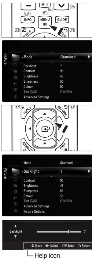 INFO MENU GUIDE TOOLS TOP Picture Mode : Standard Backlight : 7 Contrast : 95 Brightness : 45 Sharpness : 50 Colour : 50 Tint (G/R) : G50/R50 Advanced Settings TOOLS RETURN INTERIOR NEXT Picture Mode : Standard Backlight : 7 Contrast : 95 Brightness : 45 Sharpness : 50 Colour : 50 Tint (G/R) : G50/R50 Advanced Settings Picture Options Backlight 7 Move Adjust Enter Return Help icon