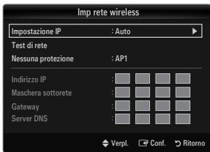 Imp rete wireless Impostazione IP : Auto Test di rete Nessuna protezione : AP1 Indirizzo IP : Maschera sottorete : Gateway : Server DNS : Verpl. Conf. Ritorno