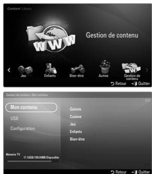 Content Library Gestion de contenu Jeu Enfants Bien-être Autres Gestion de contenu Retour Quitter Gestion de contenu - Mon contenu Mon contenu USB Configuration Mérie TV 17.10GB/185.59MB Disposable Galerie Cuisine Jeu Enfants Bien-être Retour Quitter