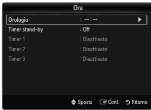 Ora Orologio : -- : -- Timer stand-by : Off Timer 1 : Disattivato Timer 2 : Disattivato Timer 3 : Disattivato ◆ Sposta □ Conf. ▶ Ritorno