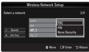 Wireless Network Setup Select a network 3/9 sson PBC jee PIN AP_1 None Security Ap_2 Search Ad-hoc Move Enter Return