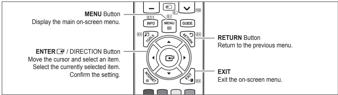 MENU Button Display the main on-screen menu. ENTER / DIRECTION Button Move the cursor and select an item. Select the currently selected item. Confirm the setting. RETURN Button Return to the previous menu. EXIT Exit the on-screen menu.