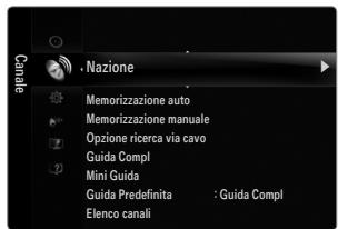 Nazione Memorizzazione auto Memorizzazione manuale Opzione ricerca via cavo Guida Compl Mini Guida Guida Predefinita : Guida Compl Elenco canali