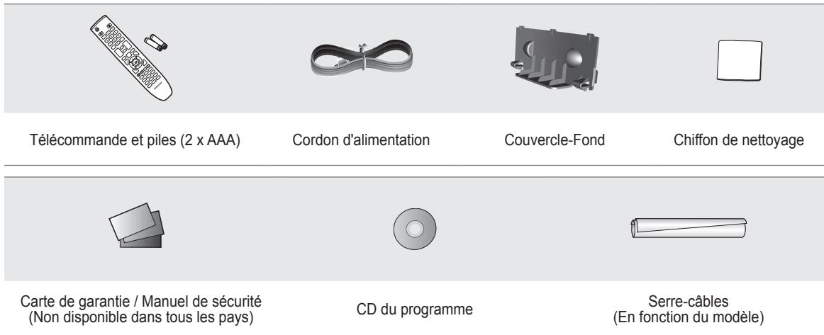 Télécommande et piles (2 x AAA) Cordon d'alimentation Couvercle-Fond Chiffon de nettoyage Carte de garantie / Manuel de sécurité (Non disponible dans tous les pays) CD du programme Serre-câbles (En fonction du modèle)
