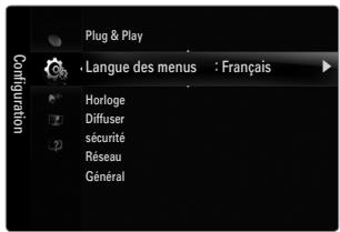 Plug & Play - Langue des menus : Français Horloge Diffuser sécurité Réseau Général