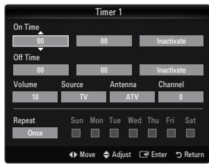 Timer 1 On Time 00 Off Time 00 Volume 10 Source TV Antenna ATV Channel 0 Repeat Once Sun Mon Tue Wed Thu Fri Sat Move Adjust Enter Return