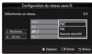 Configuration du réseau sans fil Sélectionnez un réseau 3/9 sson PBC jee PIN AP_1 Aucune sécurité Ap_2 Recherche Ad hoc Déplacer Entrer Retour